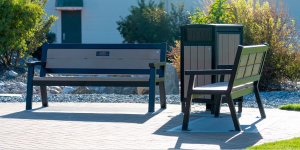 Wishbone Rutherford Benches and Beselt Square Top Waste Receptacle in Oliver BC